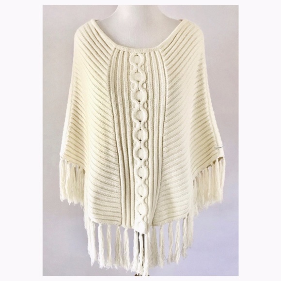 Calvin Klein Jeans Cream Boho Fringe Poncho - Picture 1 of 10